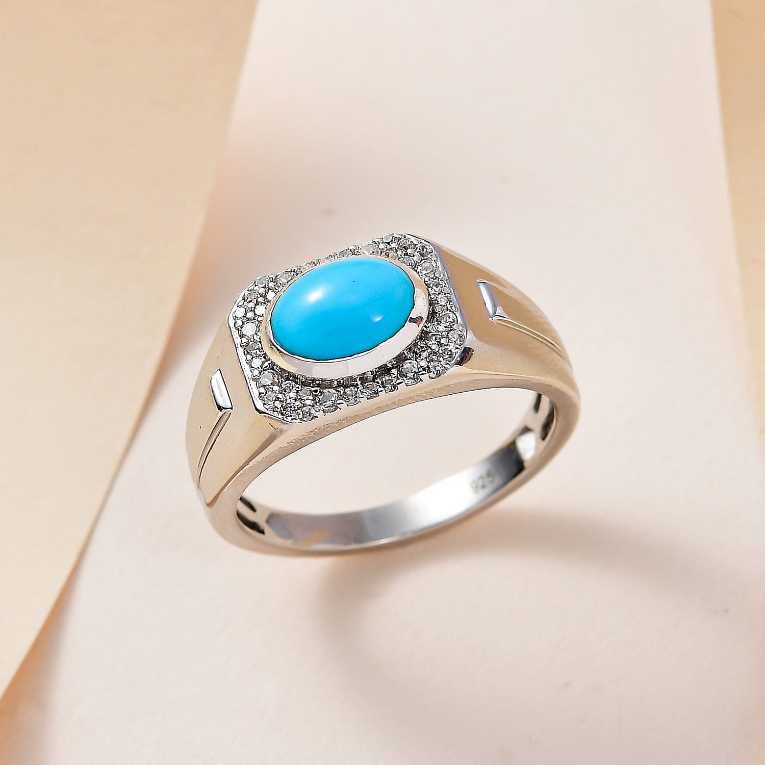 Arizona Sleeping Beauty Turquoise and Natural Zircon Ring in Platinum Overlay Sterling Silver 1.84 Ct, Silver Wt. 6.53 Gms