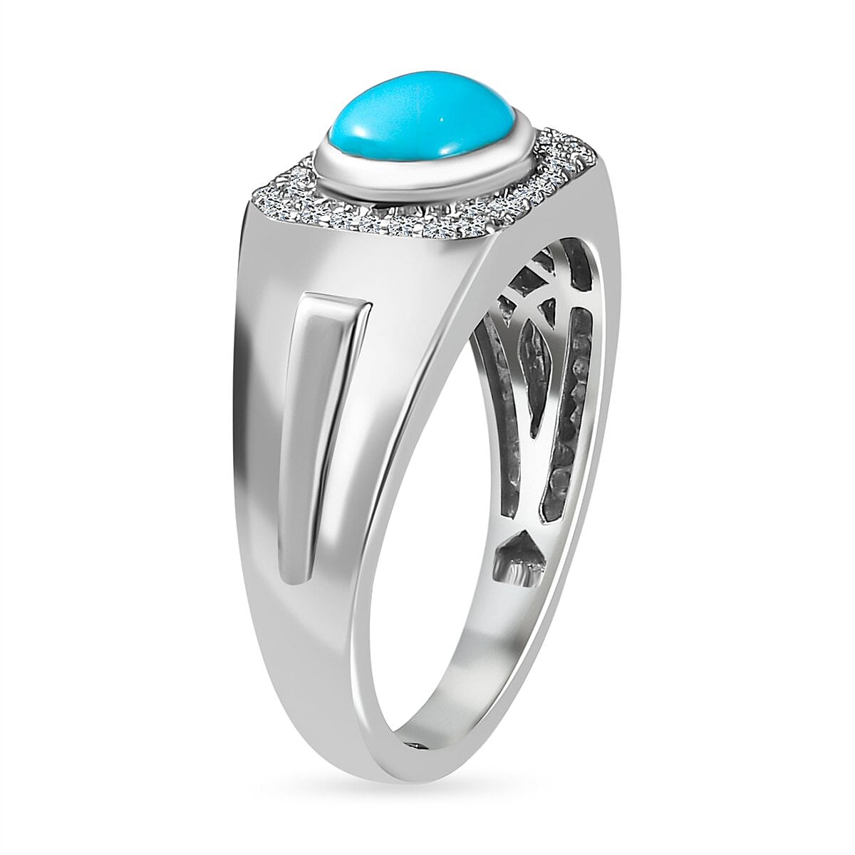 Arizona Sleeping Beauty Turquoise and Natural Zircon Ring in Platinum Overlay Sterling Silver 1.84 Ct, Silver Wt. 6.53 Gms