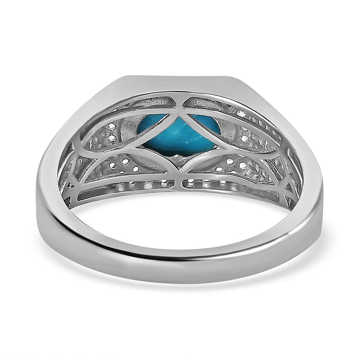 Arizona Sleeping Beauty Turquoise and Natural Zircon Ring in Platinum Overlay Sterling Silver 1.84 Ct, Silver Wt. 6.53 Gms