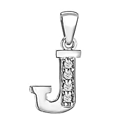 J Initial Pendant in Sterling Silver Rhodium Plated Cubic Zirconia 7.7mm x 18.1mm