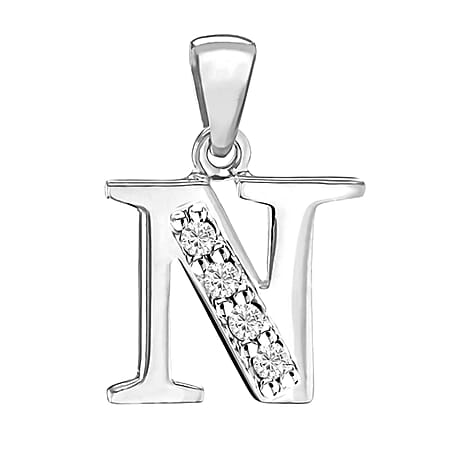 N Initial Pendant in Sterling Silver Rhodium Plated Cubic Zirconia 10.5mm x 19mm