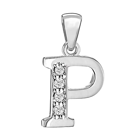 P Initial Pendant in Sterling Silver Rhodium Plated Cubic Zirconia 10mm x 18.3mm