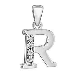 R Initial Pendant in Sterling Silver Rhodium Plated Cubic Zirconia 10mm x 17.5mm