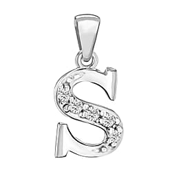 S Initial Pendant in Sterling Silver Rhodium Plated Cubic Zirconia 9.1mm x 18.9mm