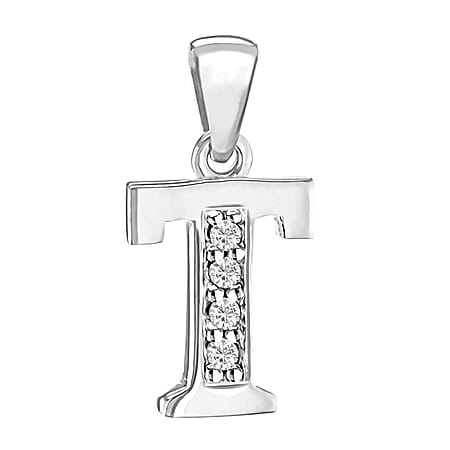 T Initial Pendant in Sterling Silver Rhodium Plated Cubic Zirconia 8.2mm x 17.9mm