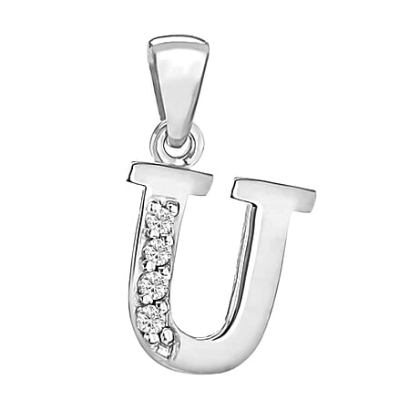 U Initial Pendant in Sterling Silver Rhodium Plated Cubic Zirconia 10.2mm x 17.9mm