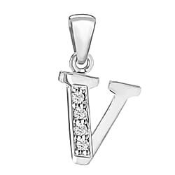 V Initial Pendant in Sterling Silver Rhodium Plated Cubic Zirconia 10mm x 18mm