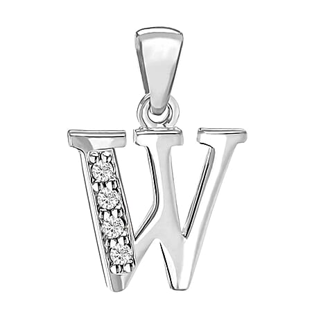 W Initial Pendant in Sterling Silver Rhodium Plated Cubic Zirconia 10.7mm x 17.6mm
