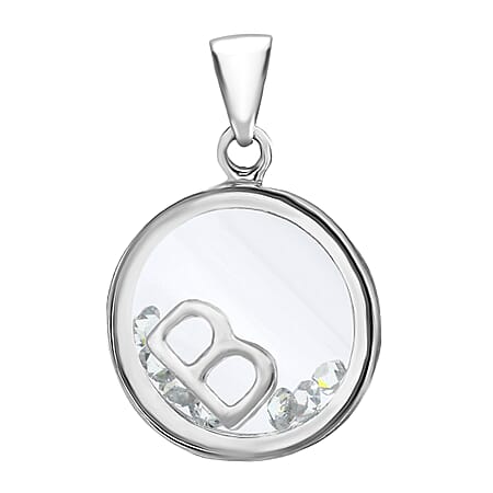B Initial Floating Case Pendant in Sterling Silver Cubic Zirconia 14mm x 22mm