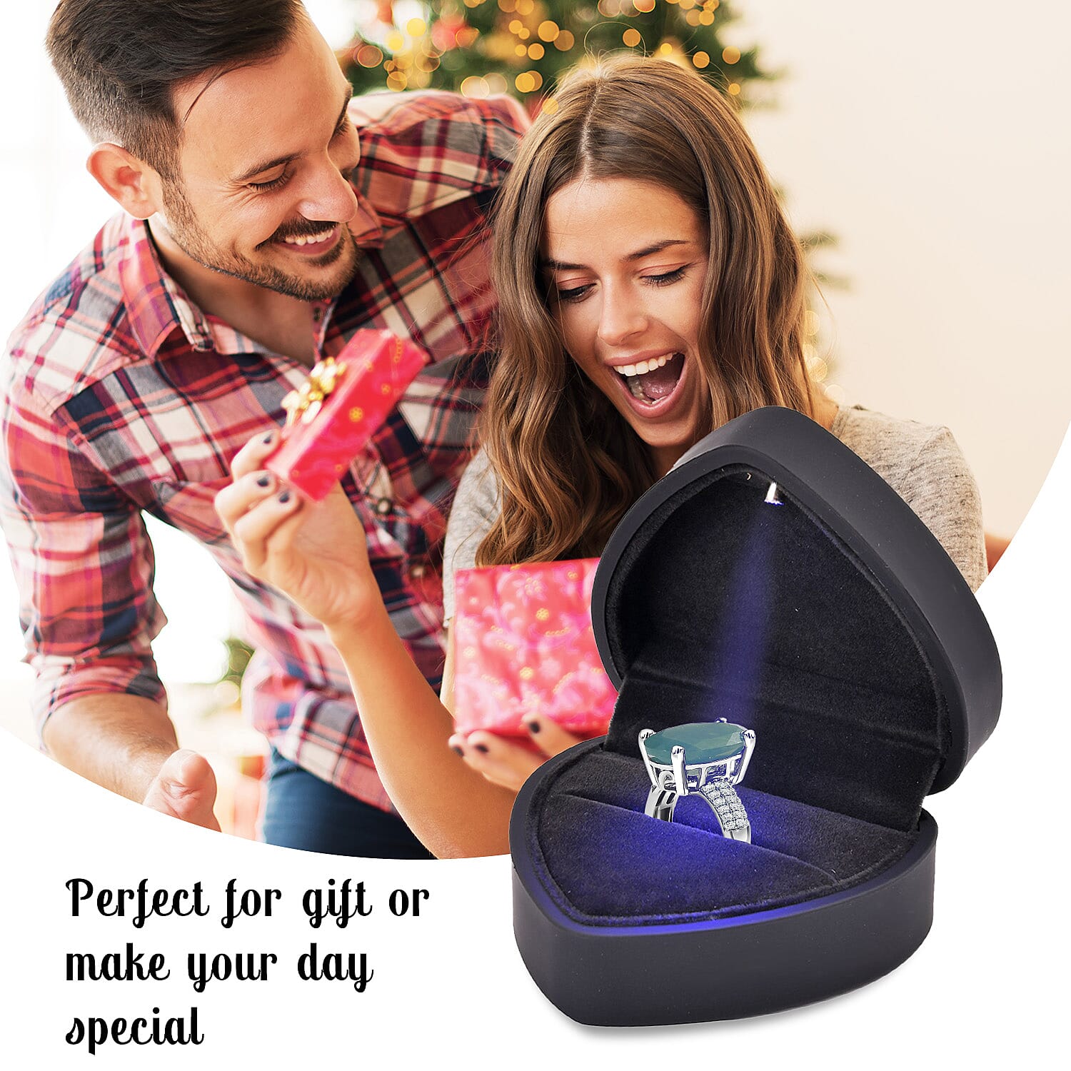 Heart Shaped Design Luxurious Ring Box with LED Light & Velvet Lining (Size 7x6x4 cm) - Black