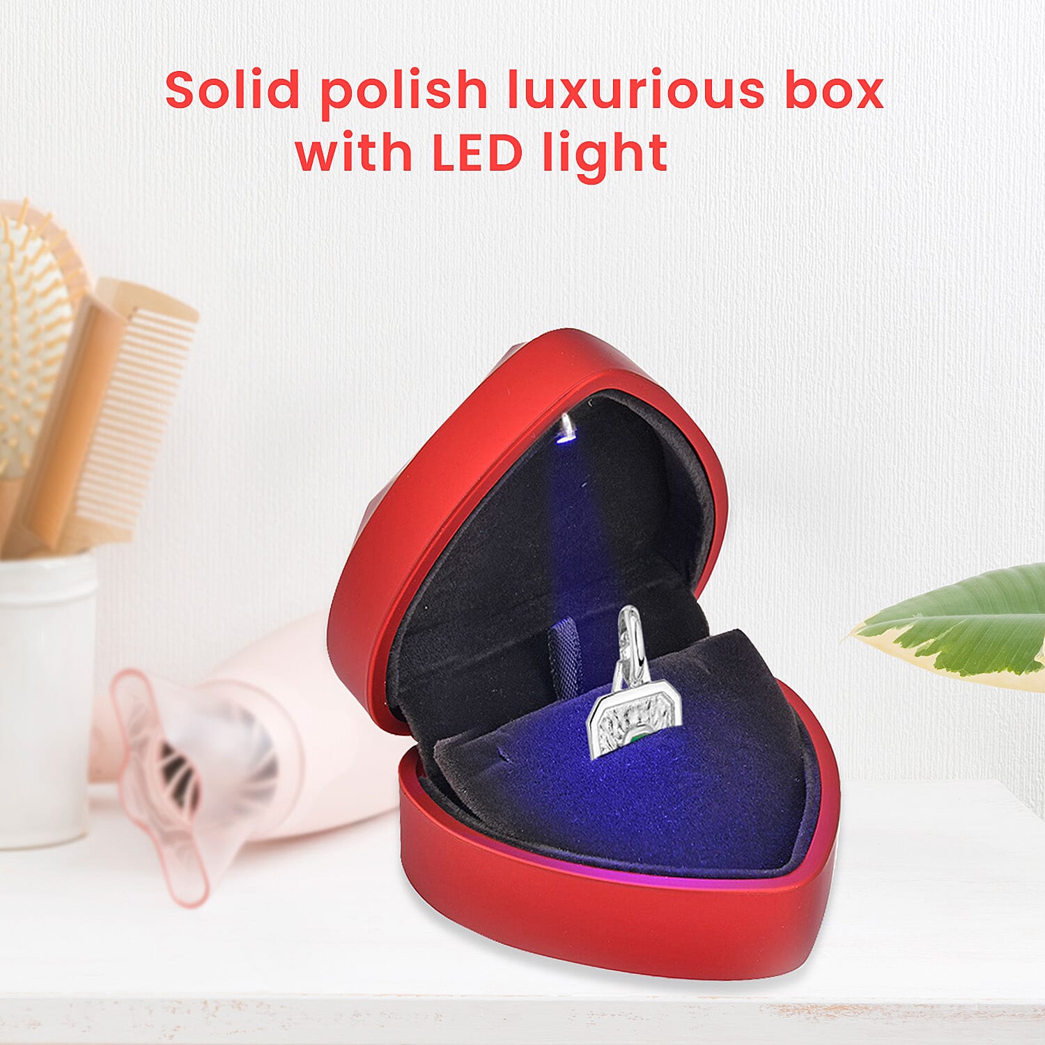 Heart Shaped Design Luxurious Ring Box with LED Light & Velvet Lining (Size 7x6x4 cm) - Red