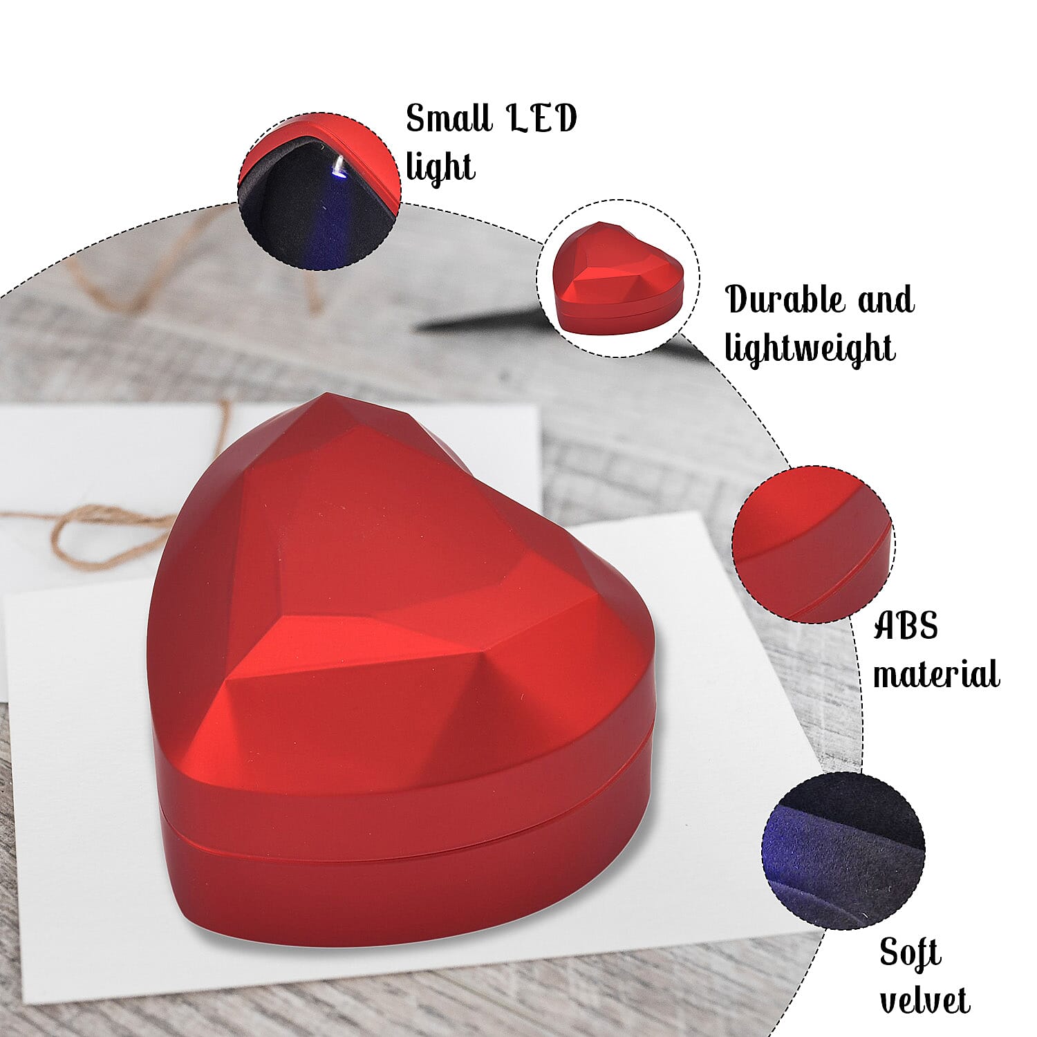 Heart Shaped Design Luxurious Ring Box with LED Light & Velvet Lining (Size 7x6x4 cm) - Red