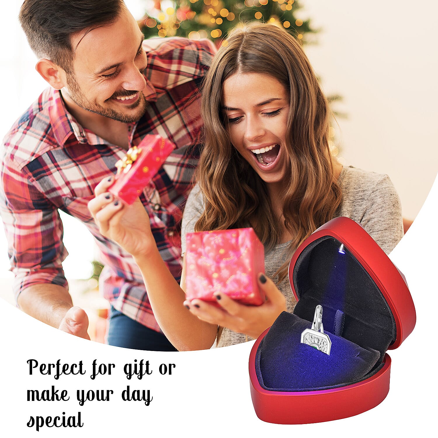 Heart Shaped Design Luxurious Ring Box with LED Light & Velvet Lining (Size 7x6x4 cm) - Red