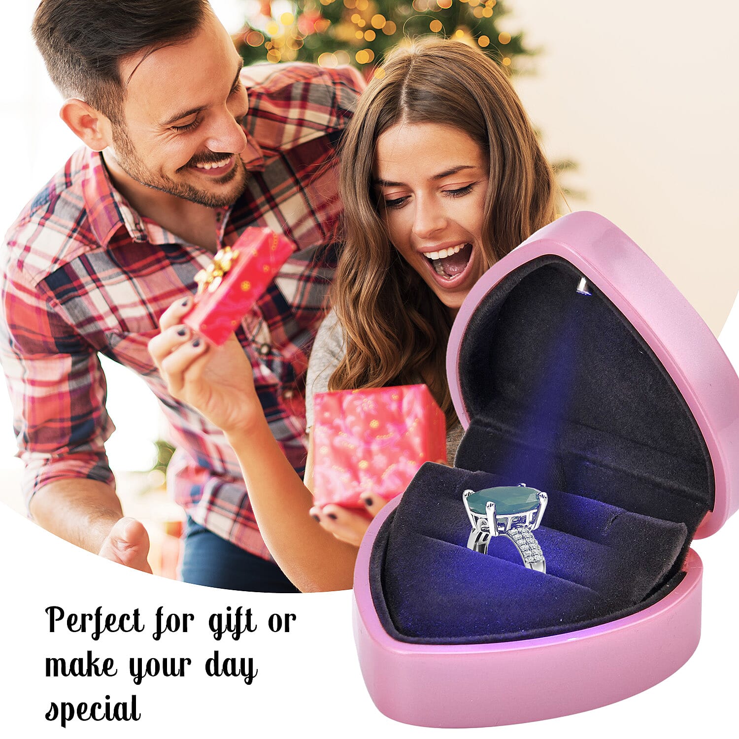 Heart Shaped Design Luxurious Ring Box with LED Light & Velvet Lining (Size 7x6x4 cm) - Pink