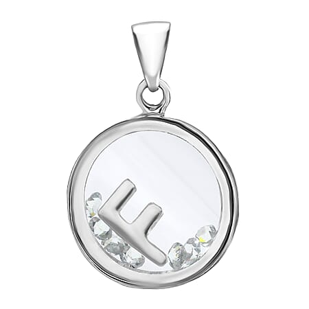 F Initial Floating Case Pendant in Sterling Silver Cubic Zirconia 14mm x 22mm