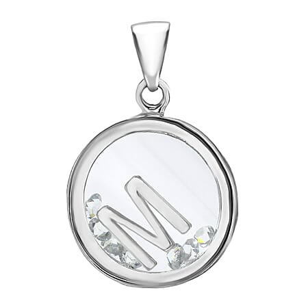 M Initial Floating Case Pendant in Sterling Silver Cubic Zirconia 14mm x 22mm