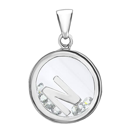 N Initial Floating Case Pendant in Sterling Silver Cubic Zirconia 14mm x 22mm