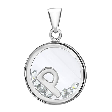 P Initial Floating Case Pendant in Sterling Silver Cubic Zirconia 14mm x 22mm
