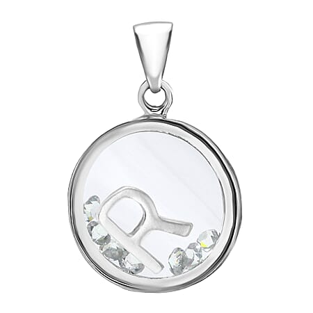 R Initial Floating Case Pendant in Sterling Silver Cubic Zirconia 14mm x 22mm