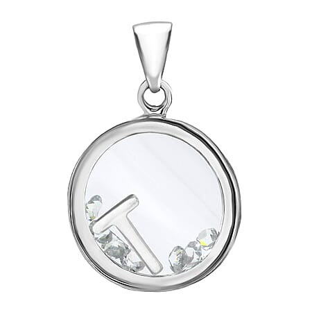 T Initial Floating Case Pendant in Sterling Silver Cubic Zirconia 14mm x 22mm