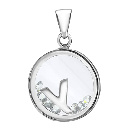 Y Initial Floating Case Pendant in Sterling Silver Cubic Zirconia 14mm x 22mm