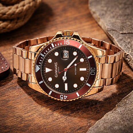 GAMAGES OF LONDON Sports Element Automatic Movement Black Dial Brown Bezel Water Resistant Watch with Rose Gold Chain Strap