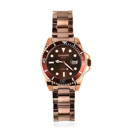 GAMAGES OF LONDON Sports Element Automatic Movement Black Dial Brown Bezel Water Resistant Watch with Rose Gold Chain Strap