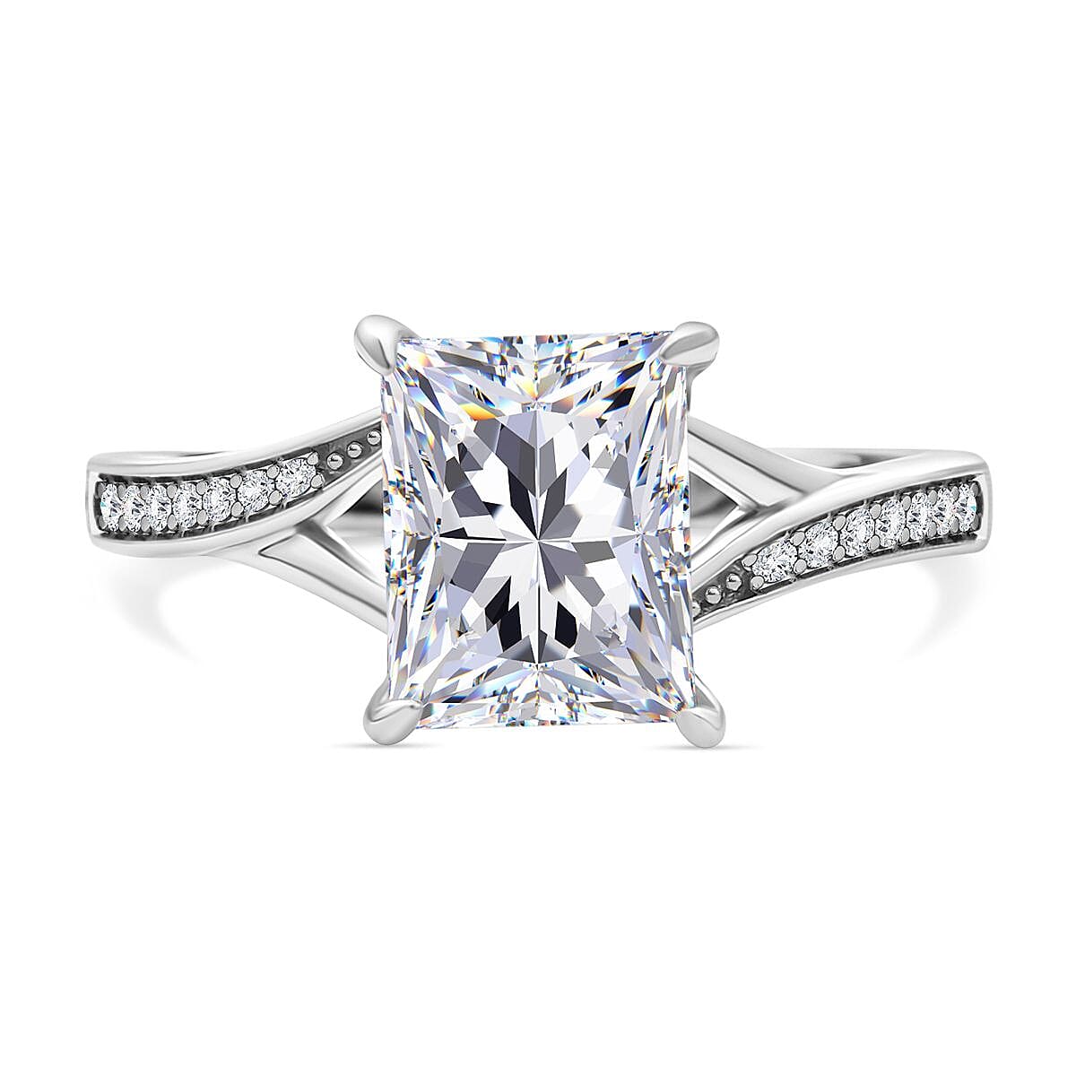 Moissanite Split Shank Princess Cut Ring in Rhodium Overlay Sterling Silver 2.72 Ct.