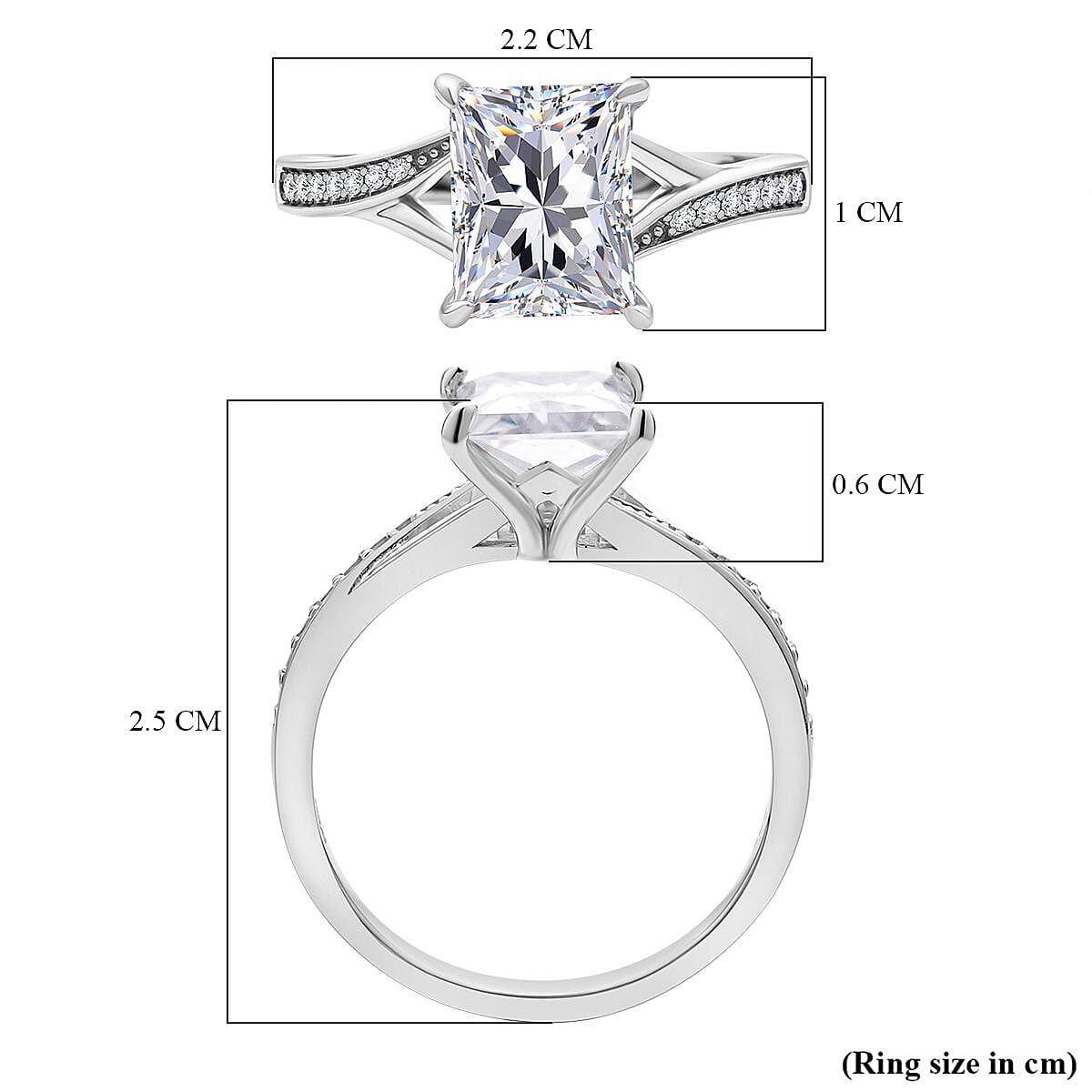 Moissanite Split Shank Princess Cut Ring in Rhodium Overlay Sterling Silver 2.72 Ct.
