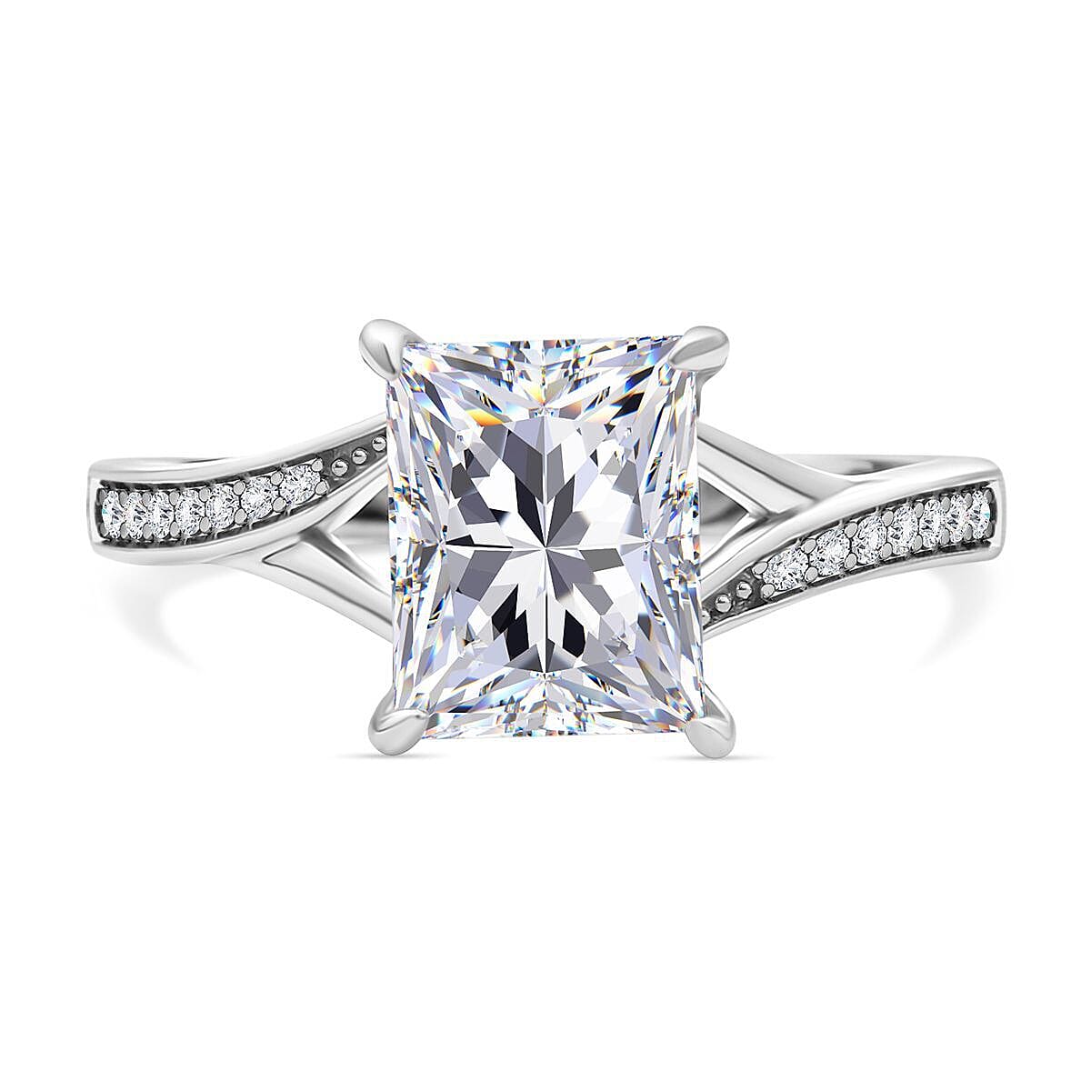 Moissanite Split Shank Princess Cut Ring in Rhodium Overlay Sterling Silver 2.72 Ct.