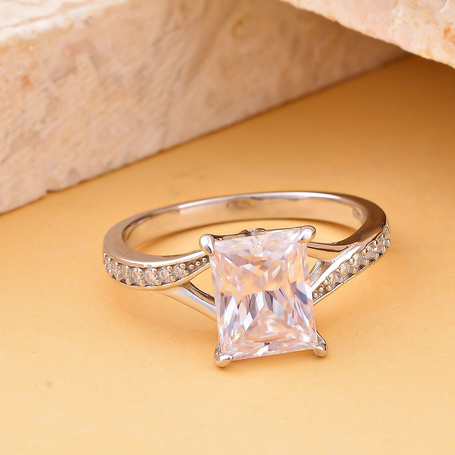 Moissanite Split Shank Princess Cut Ring in Rhodium Overlay Sterling Silver 2.72 Ct.