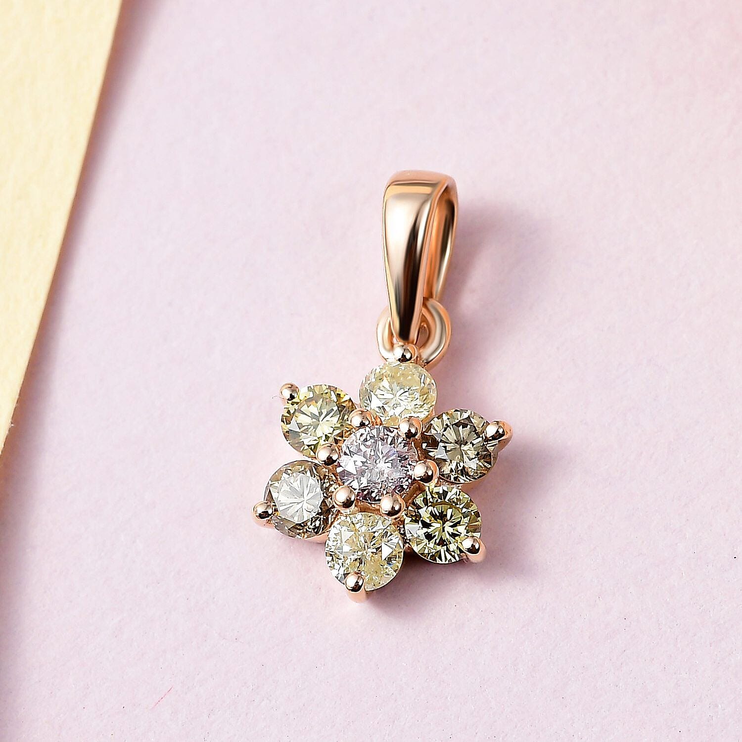 14K Rose Gold SGL Certified Pink Diamond, Champagne Diamond and Natural Yellow Diamond Floral Pendant 0.50 Ct.