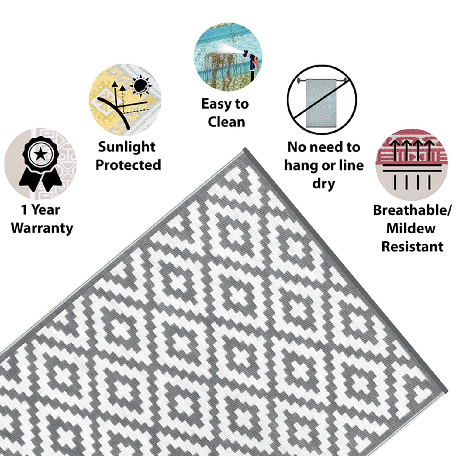 Green Decore Lightweight Reversible Stain Proof Plastic Outdoor Rug (Size 180x120 cm) - Warm Grey and White