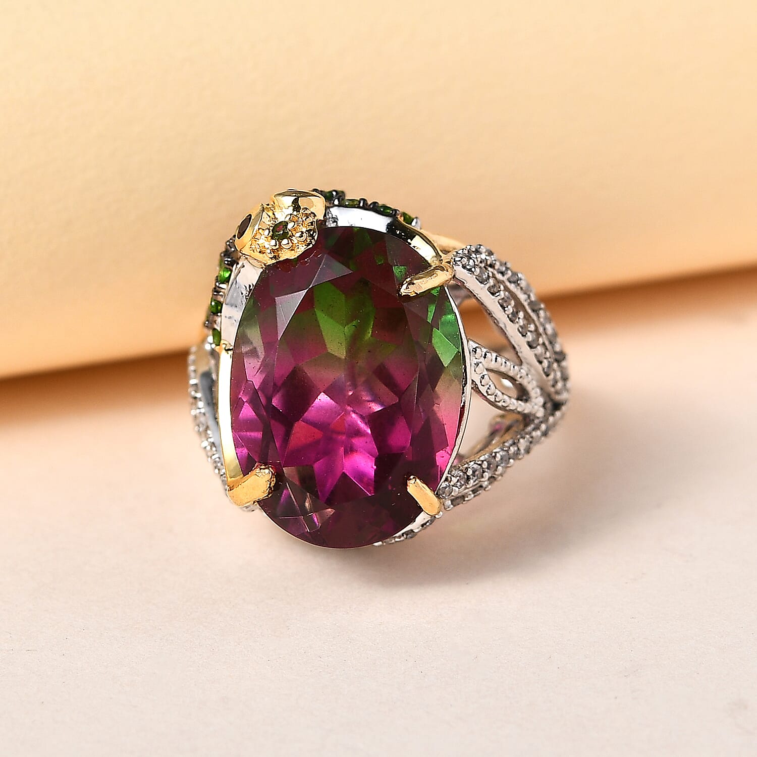GP Trionfo Collection - Watermelon Quartz Triplet, Red Garnet and Multi Gemstone Ring in Platinum Overlay Sterling Silver 12.85 Ct, Silver Wt. 6.69 Gms.
