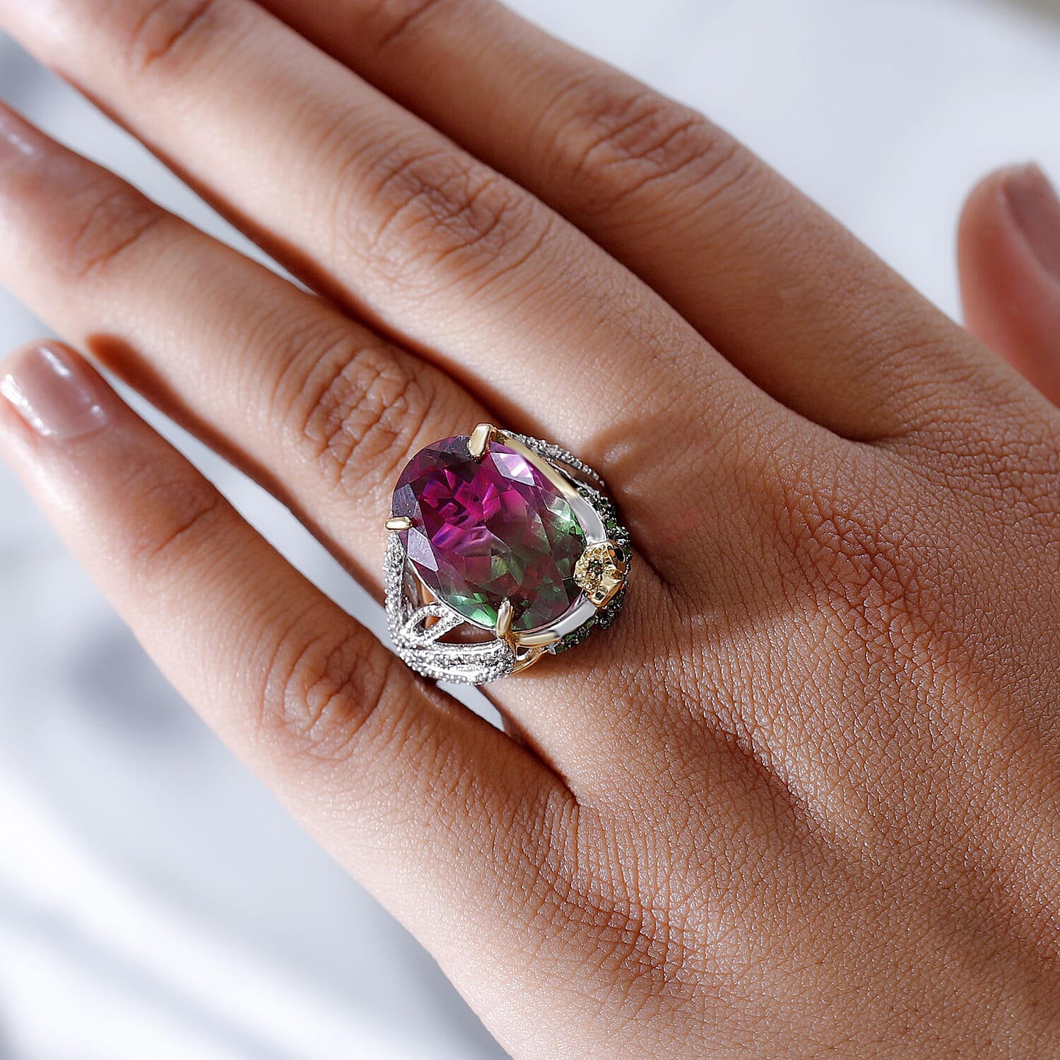 GP Trionfo Collection - Watermelon Quartz Triplet, Red Garnet and Multi Gemstone Ring in Platinum Overlay Sterling Silver 12.85 Ct, Silver Wt. 6.69 Gms.