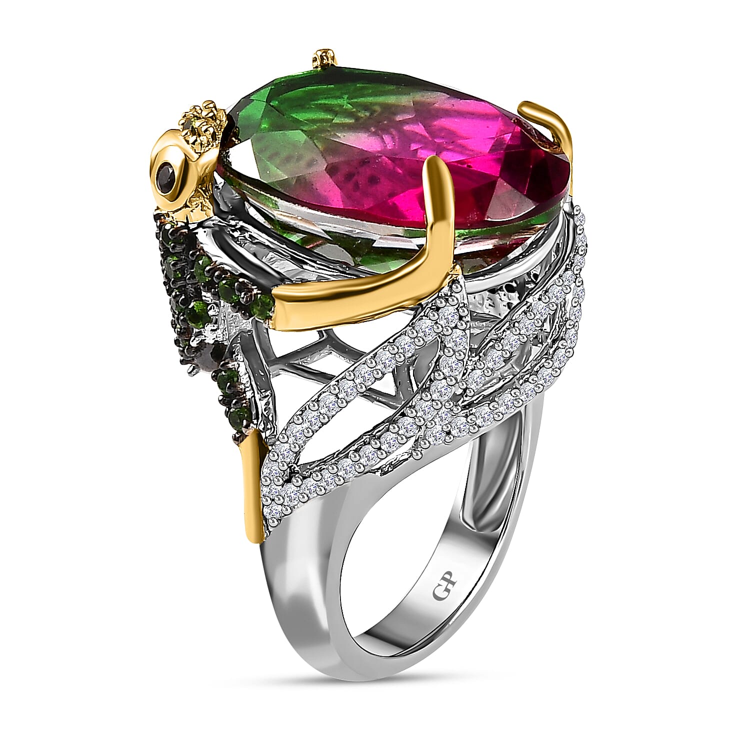 GP Trionfo Collection - Watermelon Quartz Triplet, Red Garnet and Multi Gemstone Ring in Platinum Overlay Sterling Silver 12.85 Ct, Silver Wt. 6.69 Gms.