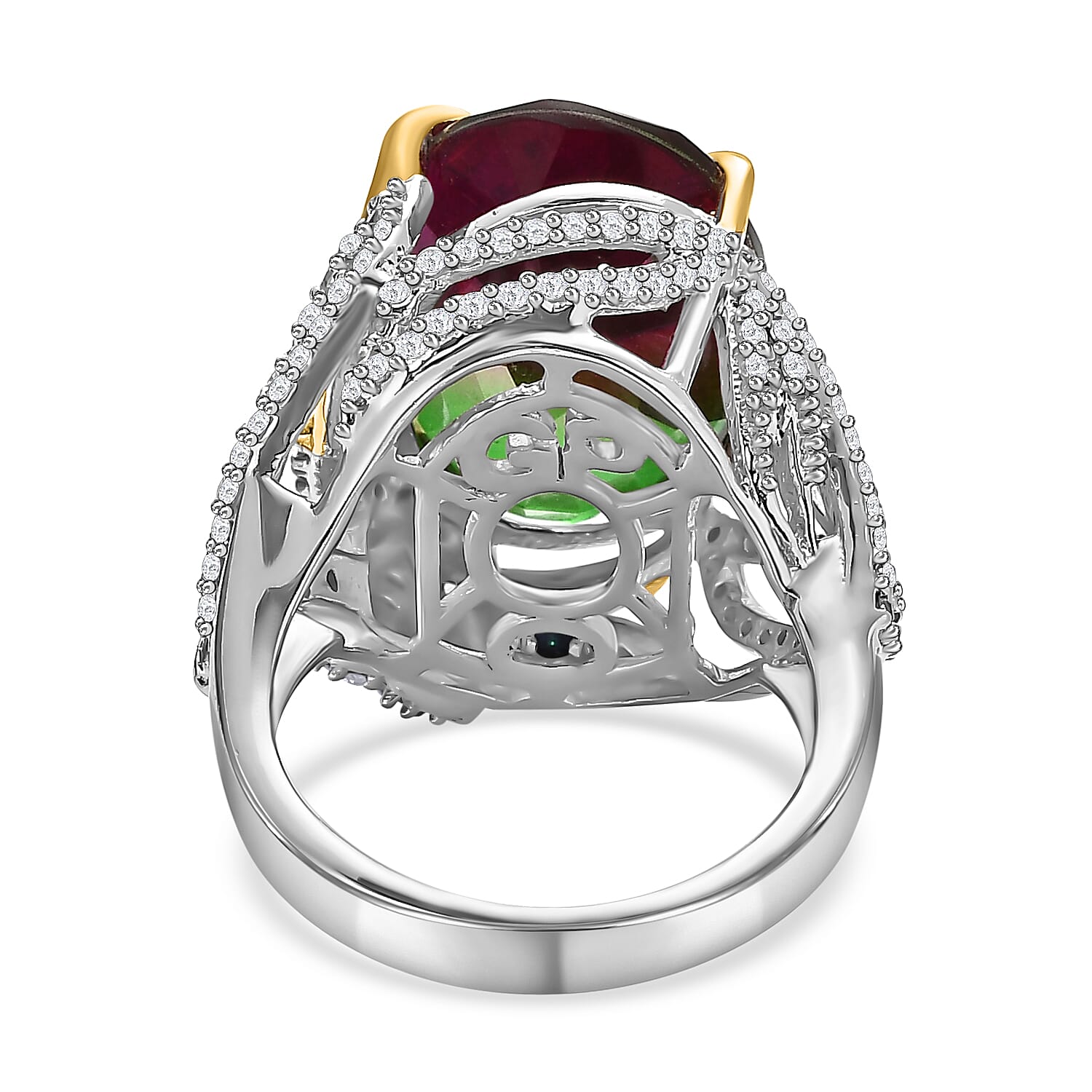 GP Trionfo Collection - Watermelon Quartz Triplet, Red Garnet and Multi Gemstone Ring in Platinum Overlay Sterling Silver 12.85 Ct, Silver Wt. 6.69 Gms.