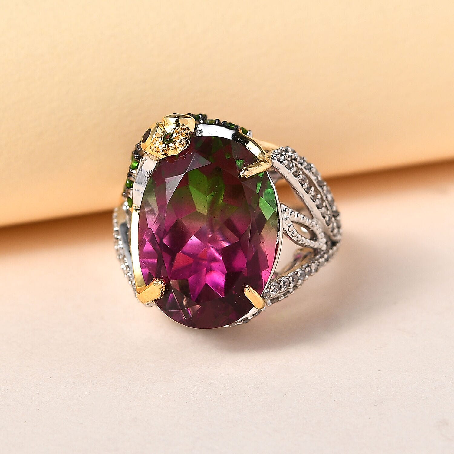GP Trionfo Collection - Watermelon Quartz Triplet, Red Garnet and Multi Gemstone Ring in Platinum Overlay Sterling Silver 12.85 Ct, Silver Wt. 6.69 Gms.