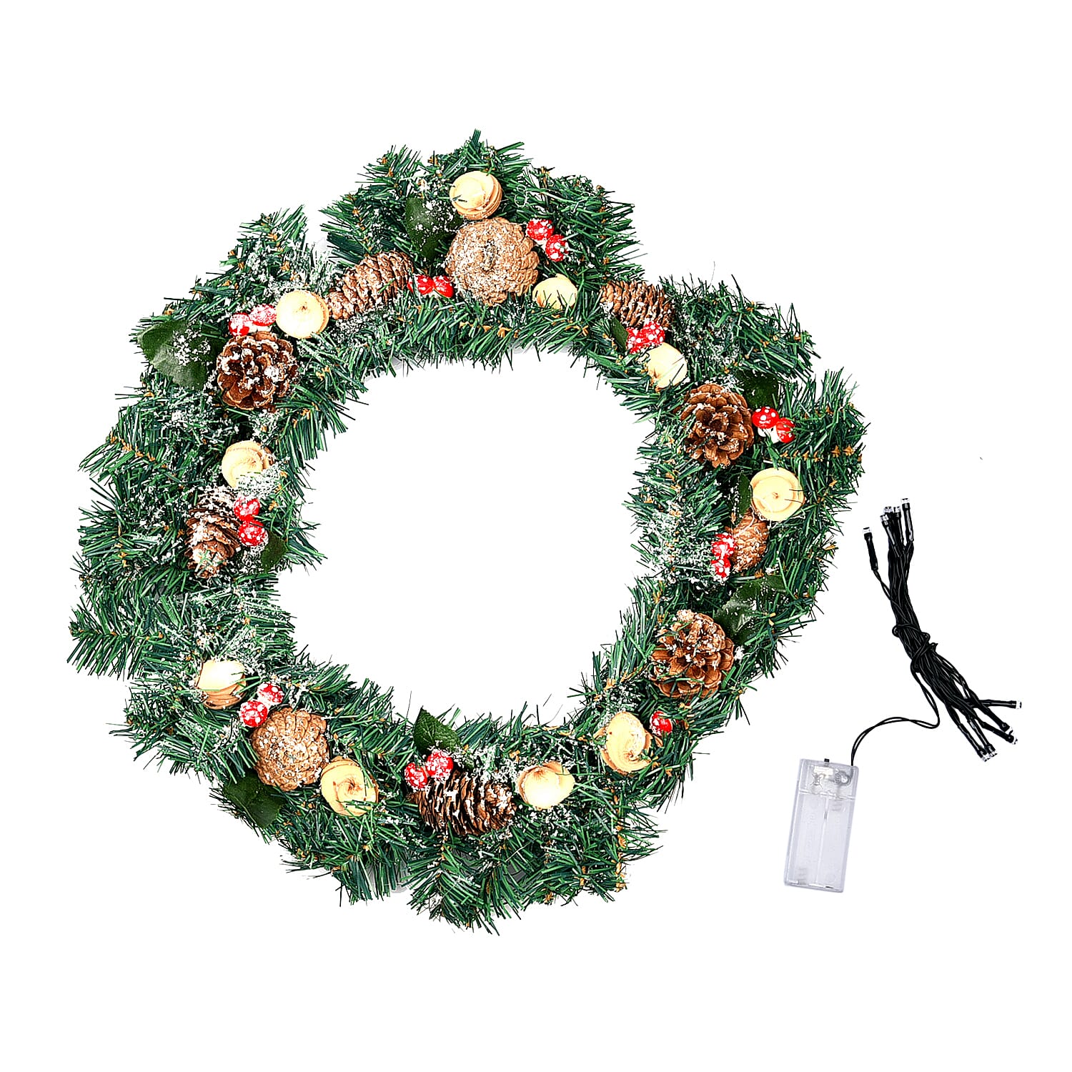 Decorative Christmas Wreath (45 Cm) Embellished with Mushroom, Flowers and LED String Light Powered by 2xAA Battery (not included)