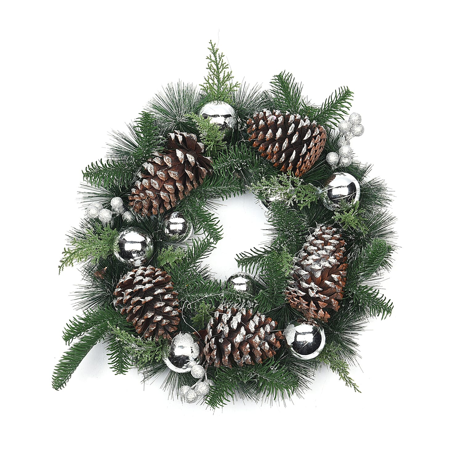 Decorative Christmas Wreath (45 Cm) Embellished with Silver Balls, Pine Cones and LED String Light Powered by 2xAA Battery (not included)