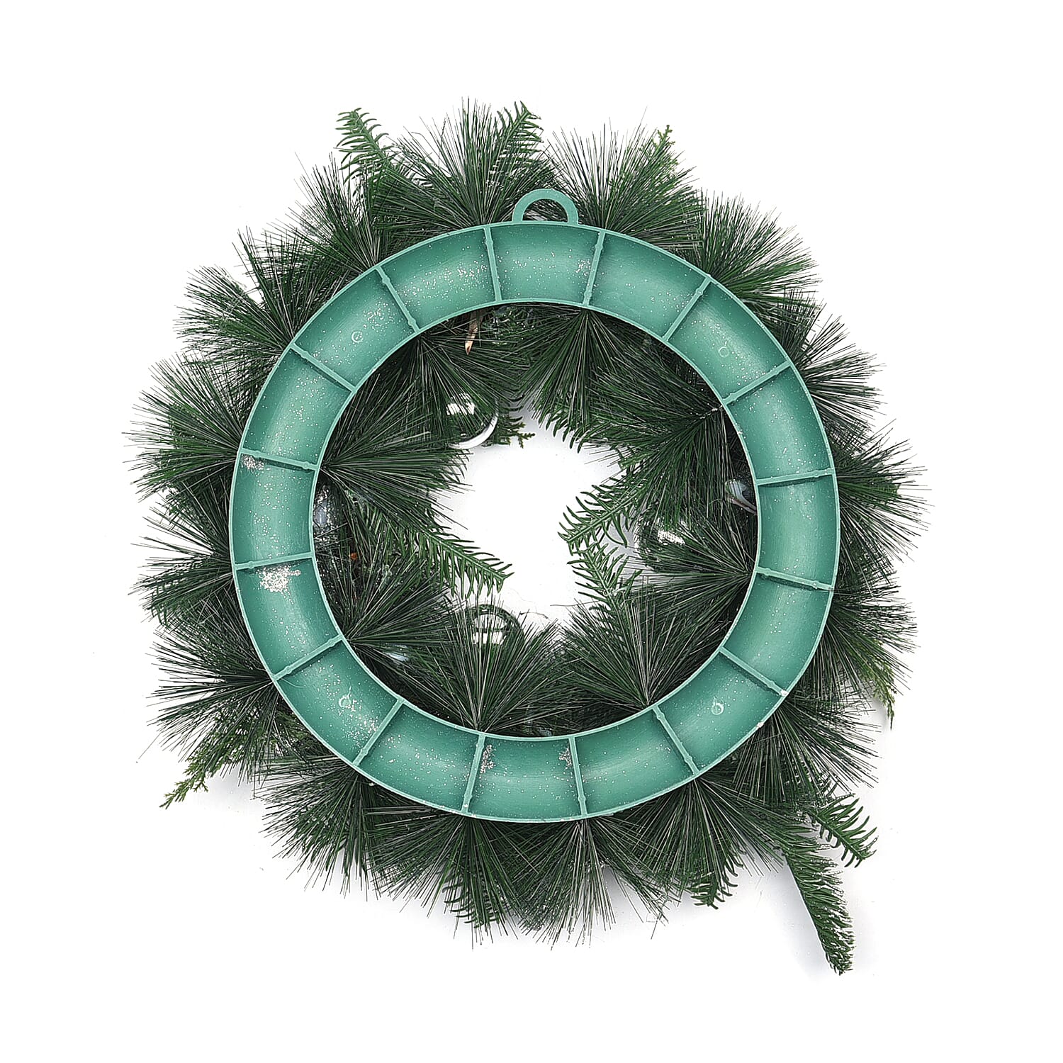 Decorative Christmas Wreath (45 Cm) Embellished with Silver Balls, Pine Cones and LED String Light Powered by 2xAA Battery (not included)