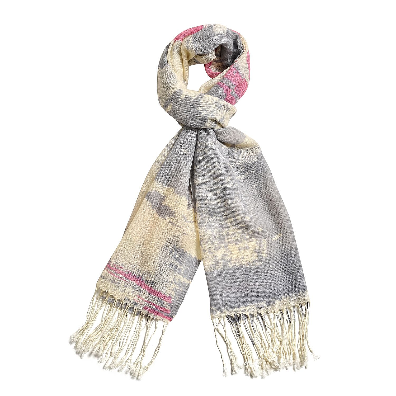 La Marey Merino Wool Patterned Scarf - Gray & White