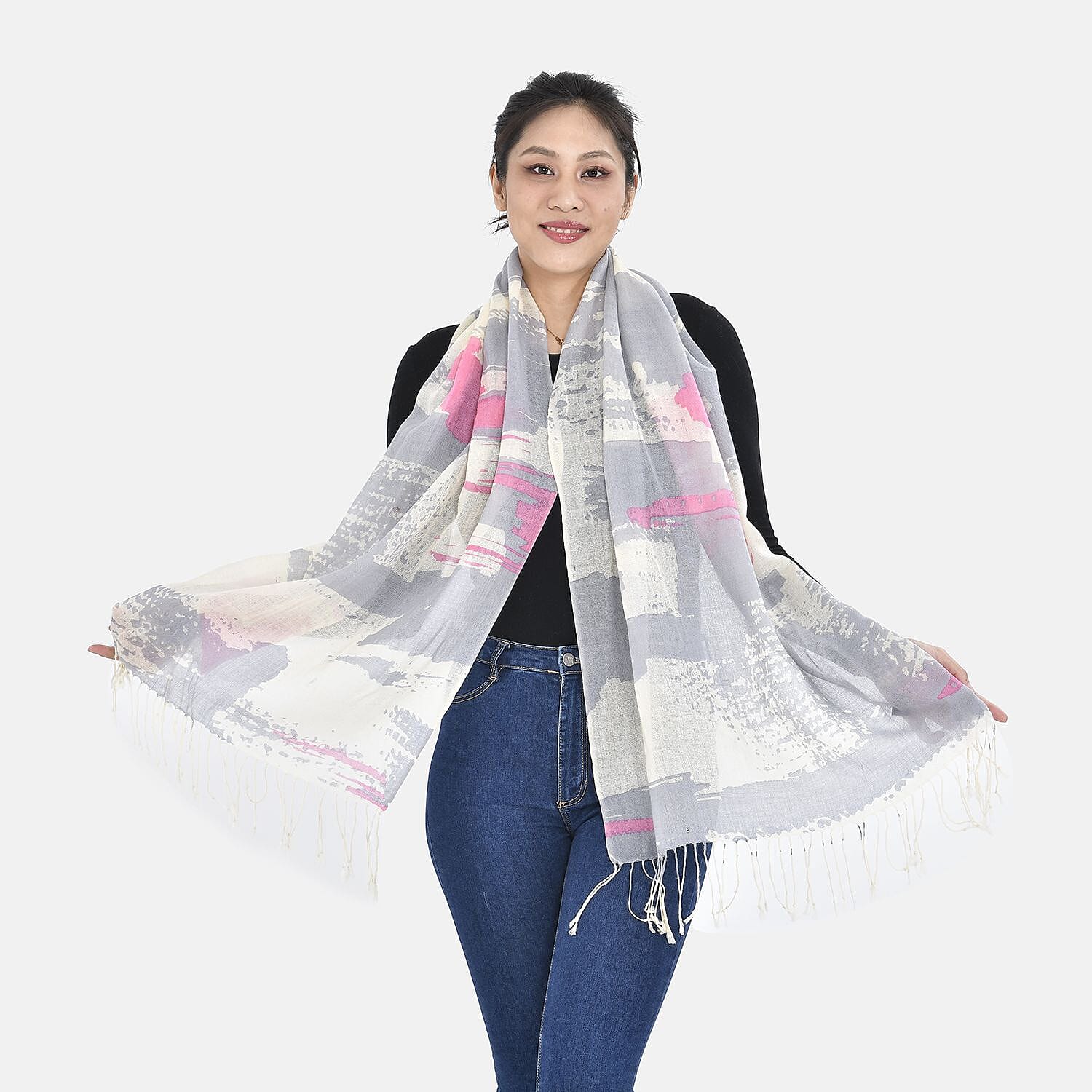 La Marey Merino Wool Patterned Scarf - Gray & White