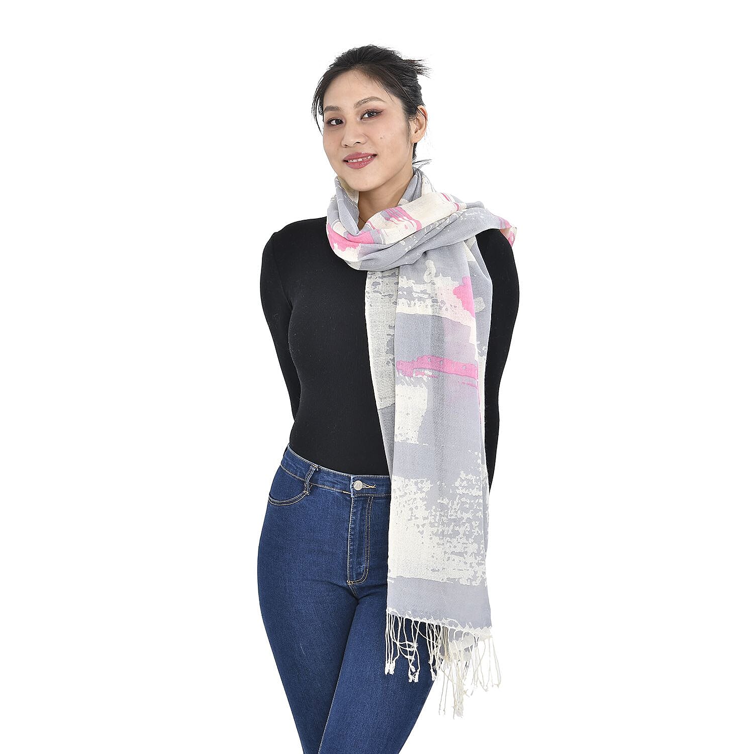 La Marey Merino Wool Patterned Scarf - Gray & White