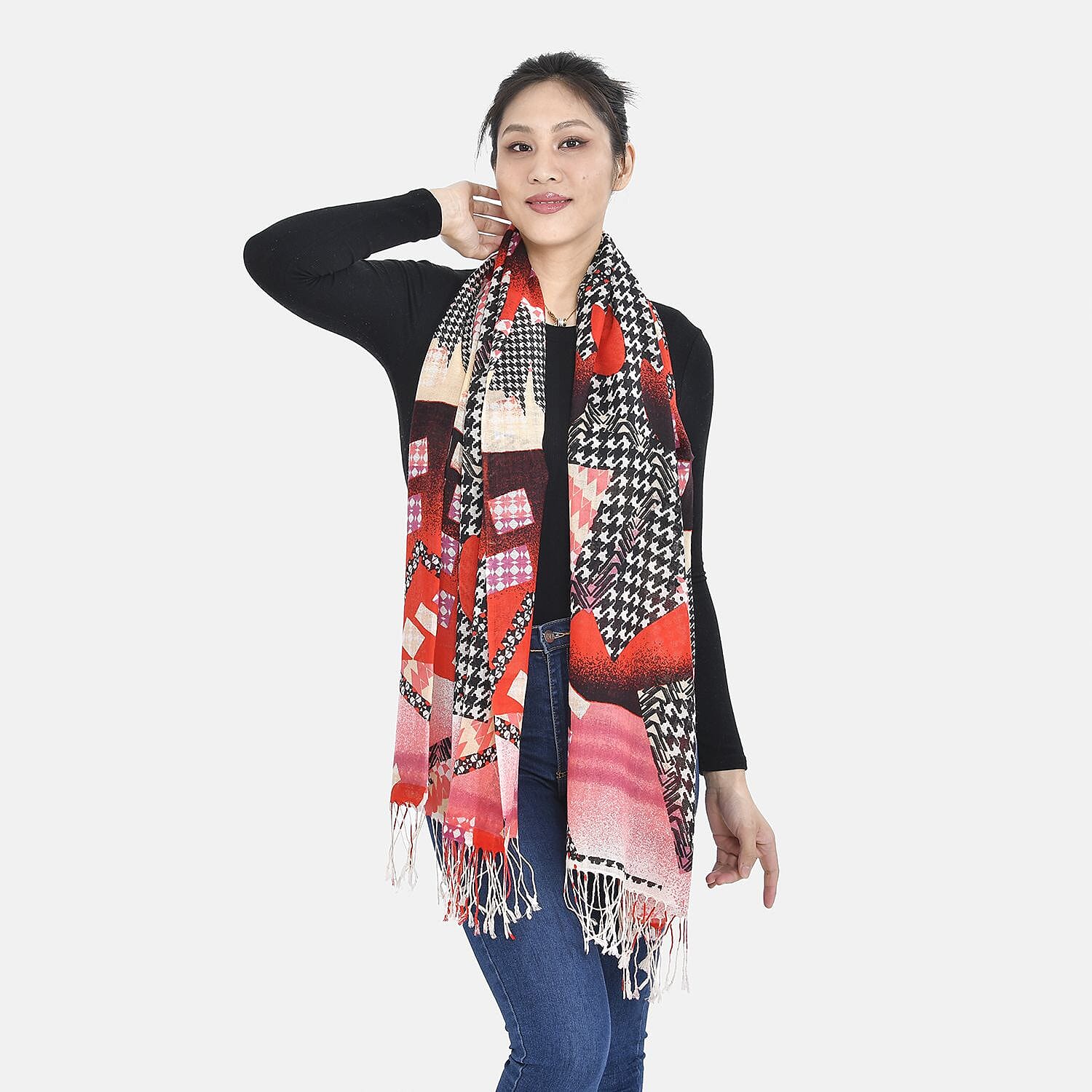 La Marey 100% Merino Wool Scarf (Size 175x65 cm) - Red & Black