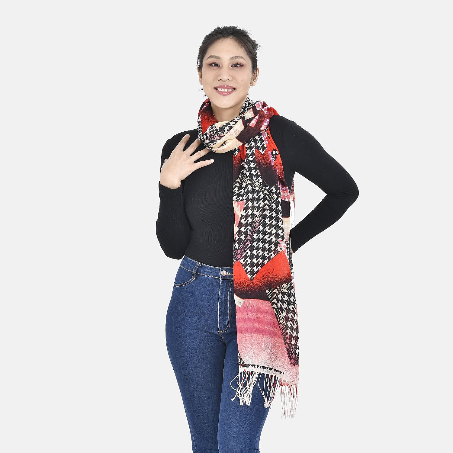 La Marey 100% Merino Wool Scarf (Size 175x65 cm) - Red & Black