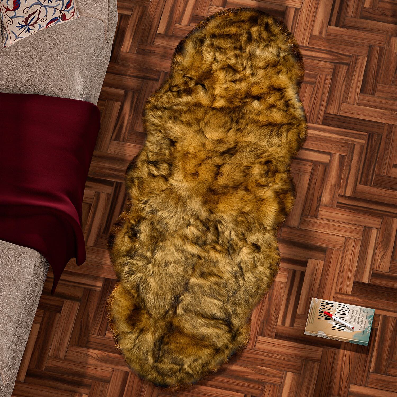 Non-Slip Faux Fur Knitted Rug (Size 180x60 cm) - Brown