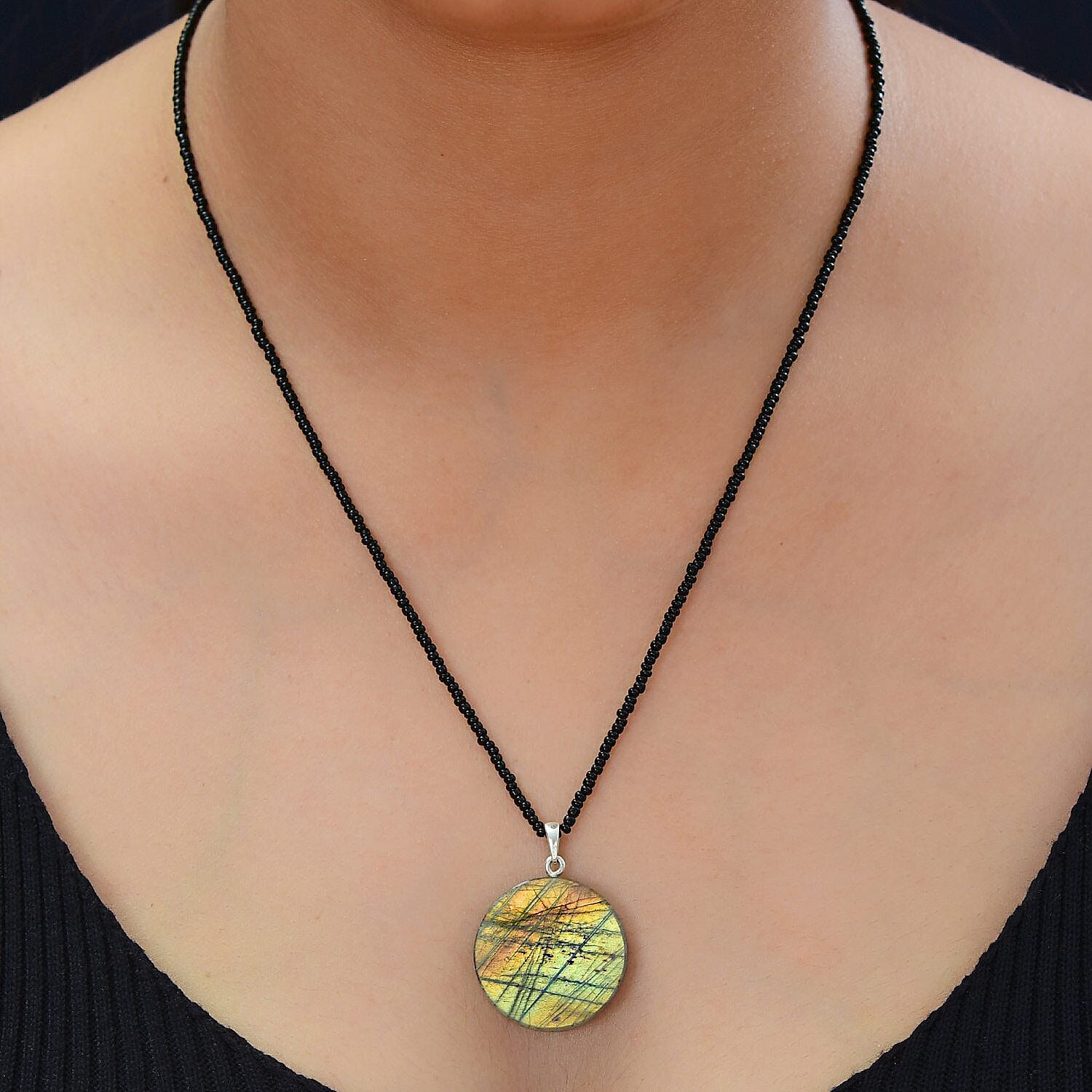 Labradorite and Black Seed Necklace (Size - 20) in Sterling Silver