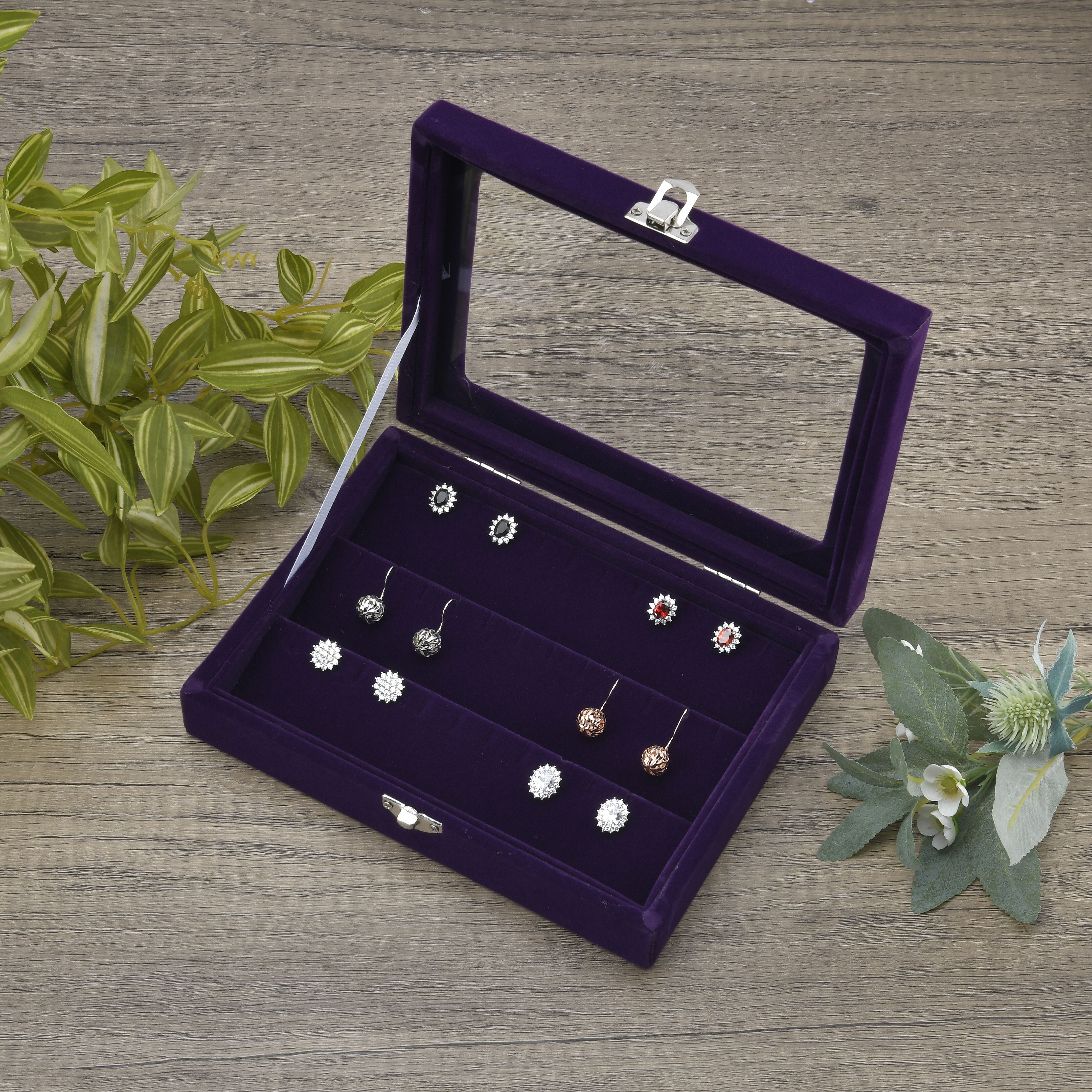 Velvet Earrings Jewellery Box with Transparent Window (Size 20x15x4 cm) - Purple