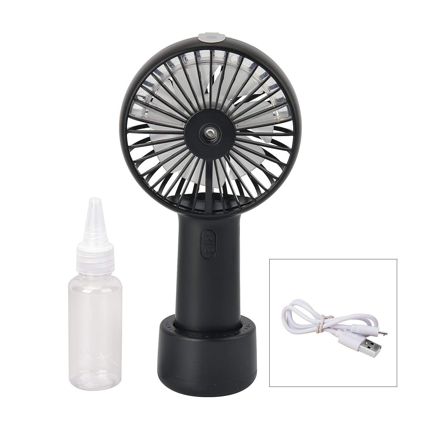 2 in 1 Mist Spray Fan with Detachable Base (Size 20x11x4 cm) - Black (LI-Battery 2000mAh,) USB Charged.
